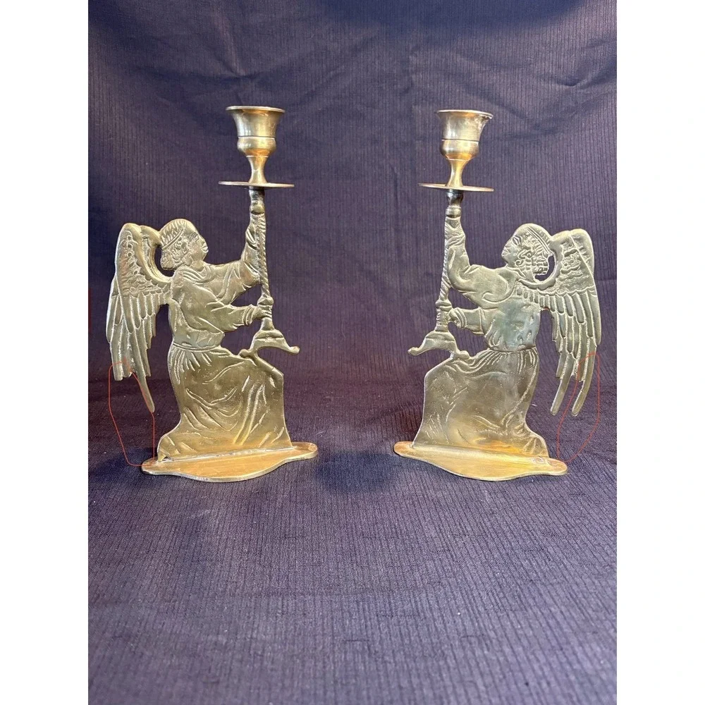 Vtg Pair Solid Brass Angel Taper Candle Stick Holders Double Sided 9